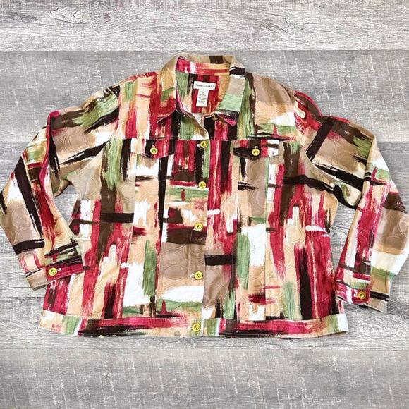 Drapers & Damons Geometric Textured Button Up Jacket Womens 2X Cotton Tan Multi - Picture 1 of 7